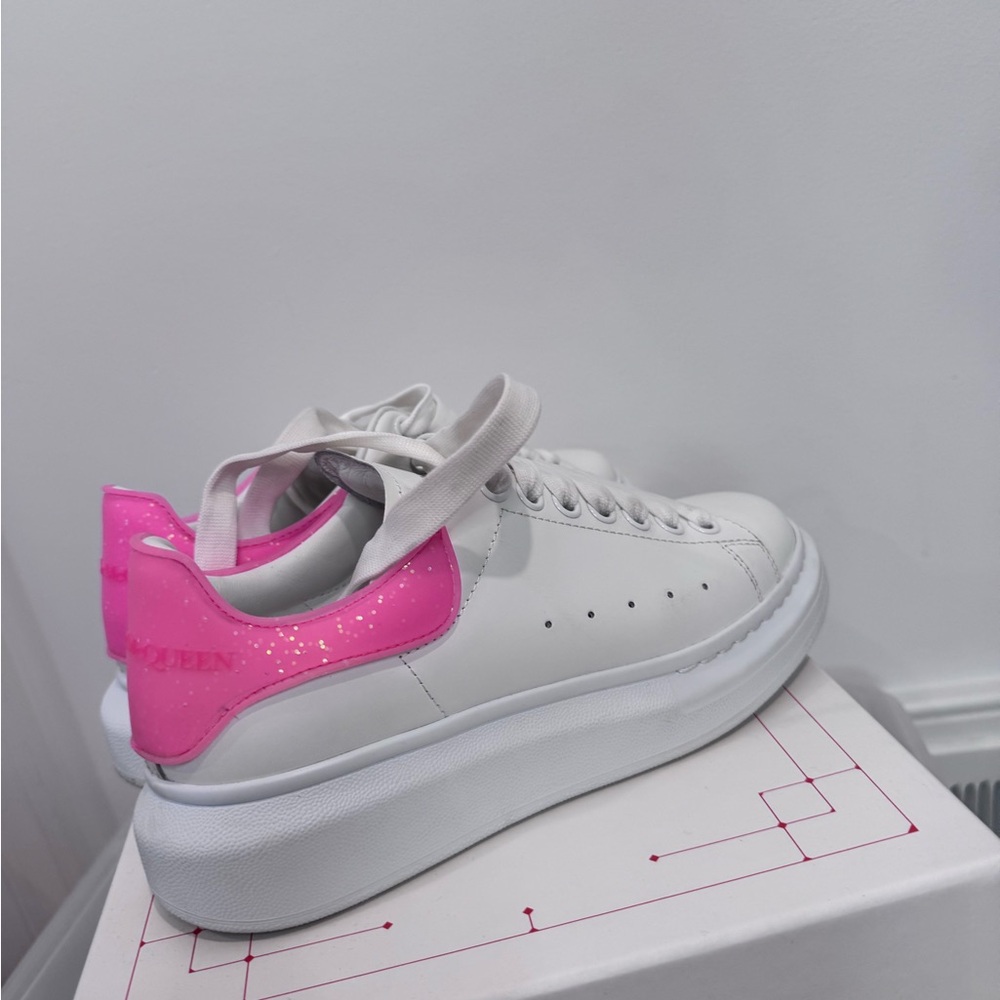 Alexander McQueen White and Bright Pink Glitter Larry Sneakers Size 36